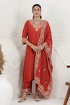 Buy_BAIDEHI_Orange Silk, Organza Embroidery, Applique V-neck Pitta Work Straight Kurta Set _at_Aza_Fashions