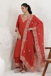 Shop_BAIDEHI_Orange Silk, Organza Embroidery, Applique V-neck Pitta Work Straight Kurta Set 