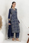 BAIDEHI_Blue Silk, Organza Embroidery V-neck French Knot Kurta Set _at_Aza_Fashions