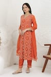 BAIDEHI_Orange Silk, Organza Embroidery V-neck French Knot Kurta Set _at_Aza_Fashions