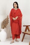 Shop_BAIDEHI_Rust Muslin, Silk, Organza Applique Split V-neck Work Kurta Set 