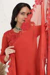 Buy_BAIDEHI_Rust Muslin, Silk, Organza Applique Split V-neck Work Kurta Set _Online