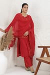 Buy_BAIDEHI_Red Silk, Muslin, Organza Applique Round Neck Work Kurta Pant Set _Online_at_Aza_Fashions