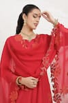 Shop_BAIDEHI_Red Silk, Muslin, Organza Applique Round Neck Work Kurta Pant Set _Online_at_Aza_Fashions