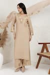 BAIDEHI_Beige Silk, Organza Embroidery, Applique V-neck Pitta And Work Kurta Set _Online