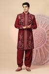 Buy_Soniya G_Maroon Silk Embroidery Sherwani Jacket And Kurta Set _at_Aza_Fashions