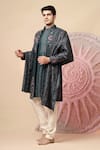 Soniya G_Teal Handloom Cotton Embroidery, Beads, Sequins Sherwani Jacket And Kurta Set _Online_at_Aza_Fashions