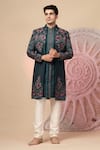 Shop_Soniya G_Teal Handloom Cotton Embroidery, Beads, Sequins Sherwani Jacket And Kurta Set _Online_at_Aza_Fashions