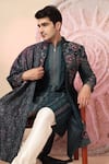Soniya G_Teal Handloom Cotton Embroidery, Beads, Sequins Sherwani Jacket And Kurta Set _at_Aza_Fashions