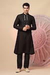 Soniya G_Black Handloom Cotton Embroidery, Mirrors, Regal Nehru Jacket And Kurta Set _Online_at_Aza_Fashions