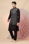 Shop_Soniya G_Black Handloom Cotton Embroidery, Mirrors, Regal Nehru Jacket And Kurta Set _Online_at_Aza_Fashions