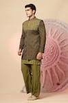 Shop_Soniya G_Olive Green Embroidery, Sequins Kashmiri Work Bandhgala And Kurta Set _Online_at_Aza_Fashions