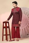 Shop_Soniya G_Maroon Handloom Cotton Embroidery, Studs, Kashmiri Work Bandhgala And Kurta Set _Online_at_Aza_Fashions