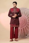 Buy_Soniya G_Maroon Handloom Cotton Embroidery, Studs, Kashmiri Work Bandhgala And Kurta Set 