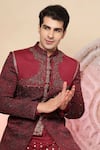 Shop_Soniya G_Maroon Handloom Cotton Embroidery, Studs, Kashmiri Work Bandhgala And Kurta Set 