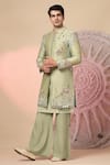 Buy_Soniya G_Green Chanderi Silk Embroidery, Mirrors Sherwani And Kurta Set _Online_at_Aza_Fashions
