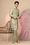 Shop_Soniya G_Green Chanderi Silk Embroidery, Mirrors Sherwani And Kurta Set _Online_at_Aza_Fashions