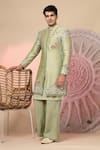 Soniya G_Green Chanderi Silk Embroidery, Mirrors Sherwani And Kurta Set _at_Aza_Fashions