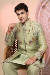 Shop_Soniya G_Green Chanderi Silk Embroidery, Mirrors Sherwani And Kurta Set 