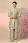 Buy_Soniya G_Green Chanderi Silk Embroidery, Mirrors Sherwani And Kurta Set _at_Aza_Fashions