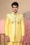 Soniya G_Yellow Chanderi Silk Embroidery, Metallic Thread Jacket And Kurta Set _Online