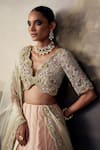 Ohaila Khan Peach Tulle, Silk, Organza Zari, Pearls, Zardozi Embroidered Lehenga Set at Aza Fashions Ohaila Khan_Peach Tulle, Silk, Organza Zari, Pearls, Zardozi Embroidered Lehenga Set _at_Aza_Fashions