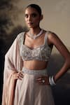 Ohaila Khan_Brown Tulle, Chiffon Sequins, Crystals, Beads, Embroidery, Blouse Lehenga Set _at_Aza_Fashions
