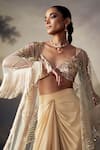 Ohaila Khan_Gold Crepe, Tulle Sequins V-neck, Open Embroidered Bralette Skirt Set With Cape _Online_at_Aza_Fashions