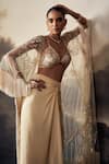 Ohaila Khan_Gold Crepe, Tulle Sequins V-neck, Open Embroidered Bralette Skirt Set With Cape _at_Aza_Fashions