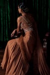 Ohaila Khan Gold Silk, Tulle Feathers, Sequins, Crystals, Corset With Pre-draped Saree Online at Aza Fashions Ohaila Khan_Gold Silk, Tulle Feathers, Sequins, Crystals, Corset With Pre-draped Saree _Online_at_Aza_Fashions