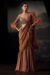 Buy_Ohaila Khan_Brown Tulle, Silk Feathers, Sequins, Embroidered Blouse With Pre-draped Saree _at_Aza_Fashions