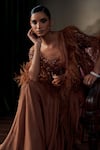 Shop_Ohaila Khan_Brown Tulle, Silk Feathers, Sequins, Embroidered Blouse With Pre-draped Saree _Online_at_Aza_Fashions