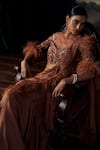 Ohaila Khan_Brown Tulle, Silk Feathers, Sequins, Embroidered Blouse With Pre-draped Saree _at_Aza_Fashions