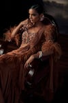 Buy_Ohaila Khan_Brown Tulle, Silk Feathers, Sequins, Embroidered Blouse With Pre-draped Saree 