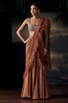 Buy_Ohaila Khan_Brown Tulle, Silk, Satin Feathers, Sequins, Crystals, Blouse And Pre-draped Saree _at_Aza_Fashions