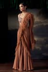 Shop_Ohaila Khan_Brown Tulle, Silk, Satin Feathers, Sequins, Crystals, Blouse And Pre-draped Saree _Online_at_Aza_Fashions