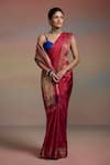Shop_Dressfolk_Red Maheshwari, Silk Zari, Beads Rhea Woven Saree With Unstitched Blouse Piece _Online_at_Aza_Fashions