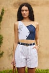 Buy_Maenaam_White Denim, Cotton Embroidery, Studs Asymmetric, Nopsi Crop Top And Shorts Set _at_Aza_Fashions