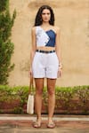 Maenaam_White Denim, Cotton Embroidery, Studs Asymmetric, Nopsi Crop Top And Shorts Set _at_Aza_Fashions