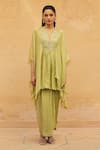 Maenaam_Green Organza, Satin Sequins, Beads, Embroidery Naira Hand Kaftan Top Pant Set _at_Aza_Fashions