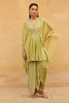 Buy_Maenaam_Green Organza, Satin Sequins, Beads, Embroidery Naira Hand Kaftan Top Pant Set _at_Aza_Fashions