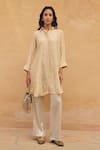Buy_Maenaam_Beige Silk Beads Collared, Button-down Zoe Hand Embroidered Kurta And Pant Set _at_Aza_Fashions