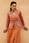 Shop_Maenaam_Orange Polyester, Satin, Silk Embroidery, Sequins, Ira Hand Jacket Skirt Set _Online_at_Aza_Fashions