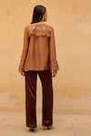Shop_Maenaam_Brown Satin, Polyester, Organza Embroidery, Nira Hand Ruffle Top And Pant Set _at_Aza_Fashions