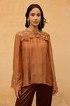 Buy_Maenaam_Brown Satin, Polyester, Organza Embroidery, Nira Hand Ruffle Top And Pant Set _Online_at_Aza_Fashions