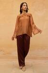 Buy_Maenaam_Brown Satin, Polyester, Organza Embroidery, Nira Hand Ruffle Top And Pant Set _at_Aza_Fashions