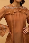 Maenaam_Brown Satin, Polyester, Organza Embroidery, Nira Hand Ruffle Top And Pant Set _at_Aza_Fashions