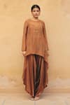 Buy_Maenaam_Brown Organza Embroidery, Metallic Inara Asymmetric Top And Draped Pant Set _at_Aza_Fashions