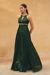 Maenaam_Green Crepe Embroidery, Sequins Halter Neck, V-neck, Keyhole Lynn Hand Gown _Online_at_Aza_Fashions