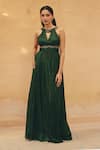 Buy_Maenaam_Green Crepe Embroidery, Sequins Halter Neck, V-neck, Keyhole Lynn Hand Gown _at_Aza_Fashions